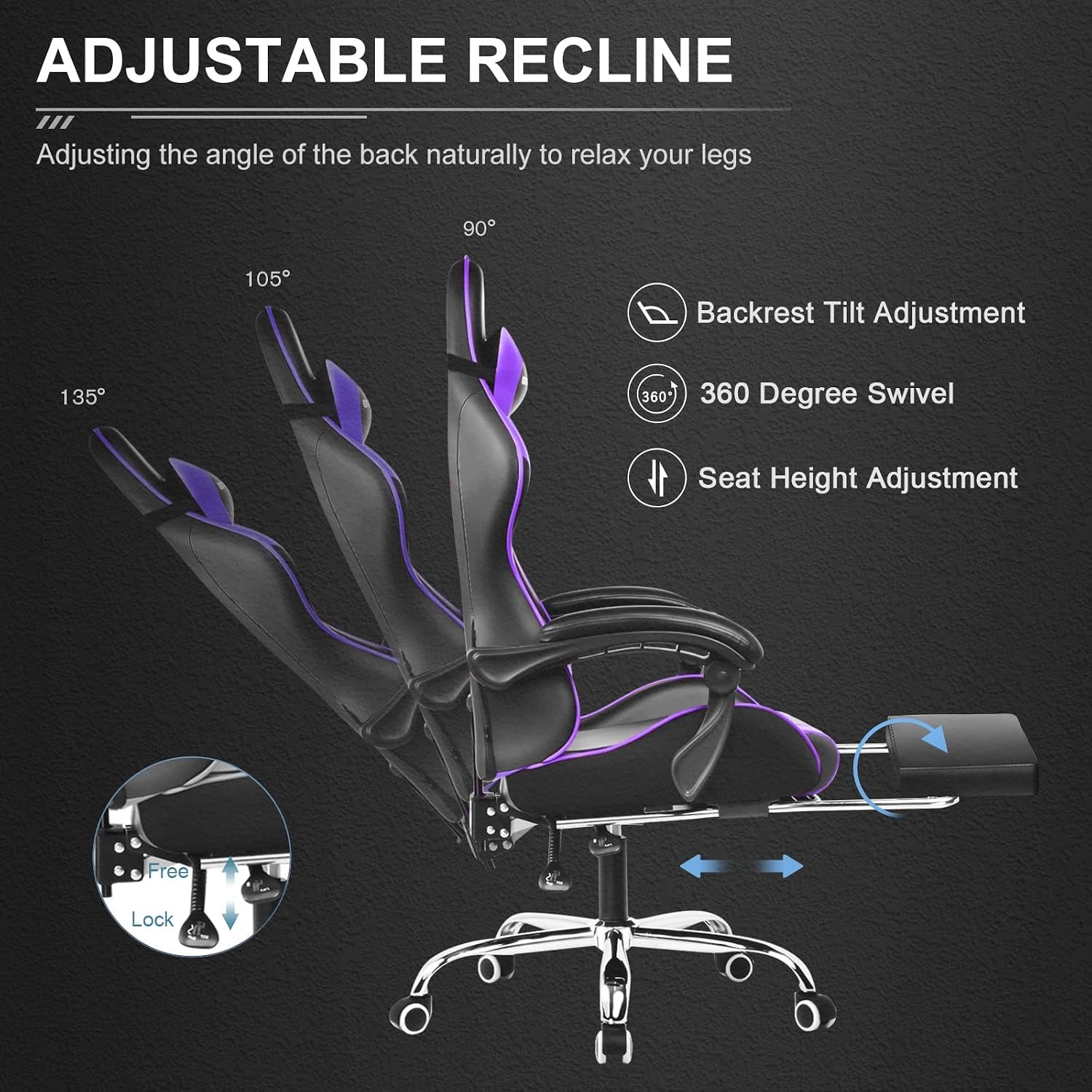 Gaming Chair, Massage Computer Chairs with Footrest, Headrest and Lumbar Support Height Adjustable Ergonomic 360°-Swivel PC Chair Purple