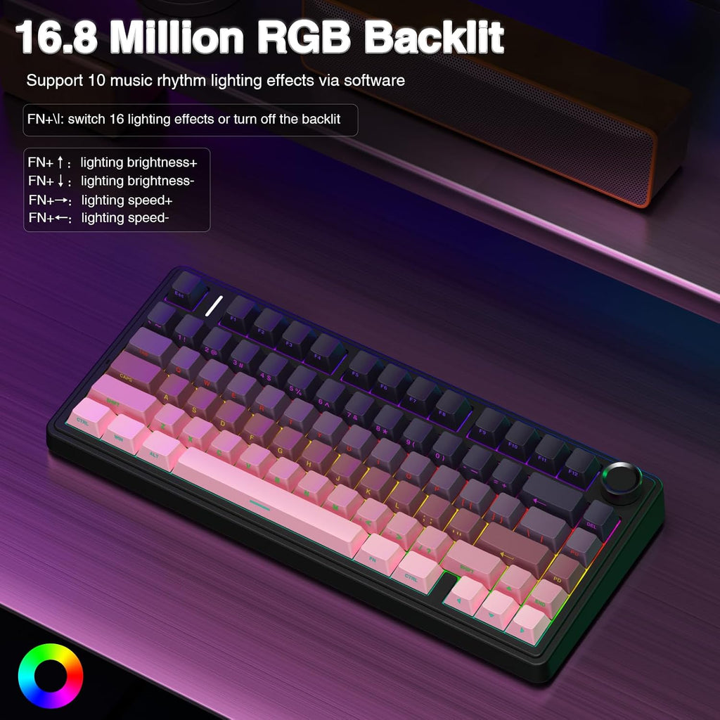 F75 75% Wireless Mechanical Keyboard,2.4Ghz/Type-C/Bt5.0 Gaming Keyboards,Advanced Structure,Side Engraved,Rgb Backlight,Hot Swappable Custom Keyboard for Pc/Mac (Black&Pink)