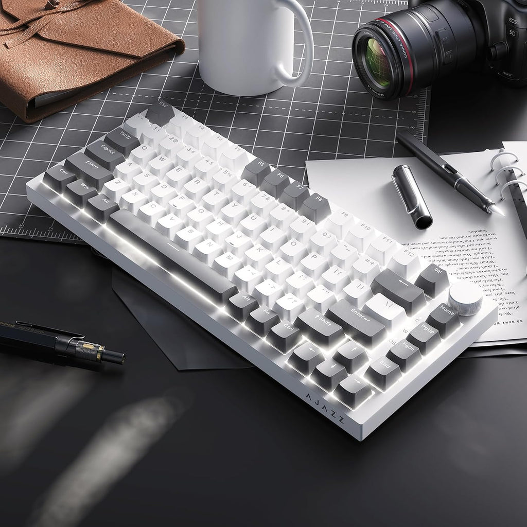 AK820 Mechanical Keyboard, 75% Hot Swappable Wired Keyboard with Volume Control Knob, QWERTY Layout, PBT Keycaps, Five-Layer Sound Insulation Pad, 82-Key Gaming Keyboard, Grey White