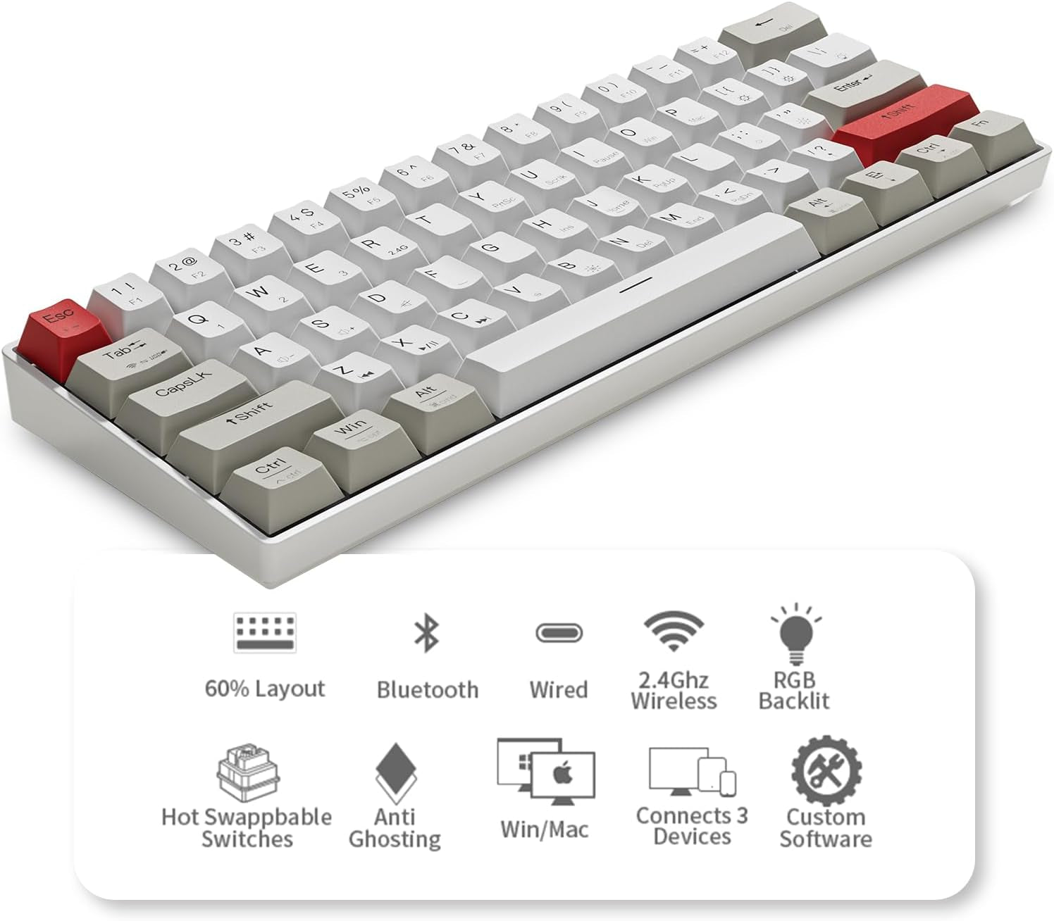 GM610 Wireless Mechanical Keyboard,60% Gaming Keyboard Red Switch | Gaming Mechanical Keyboards,60%,Usb-C,Wired/Bluetooth/2.4Ghz,Rgb Backlit,Compact,Hot Swappable,Anti-Ghosting,Pc Mac Windows
