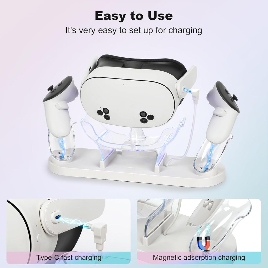 For Metaquest 3S/Quest 3 Charging Dock, VR Charger Station Stand for Metaquest 3S/3 Storage, W/Led Indicator Light and 2 Touch Controller Grips Rechargeable Batteries (White)
