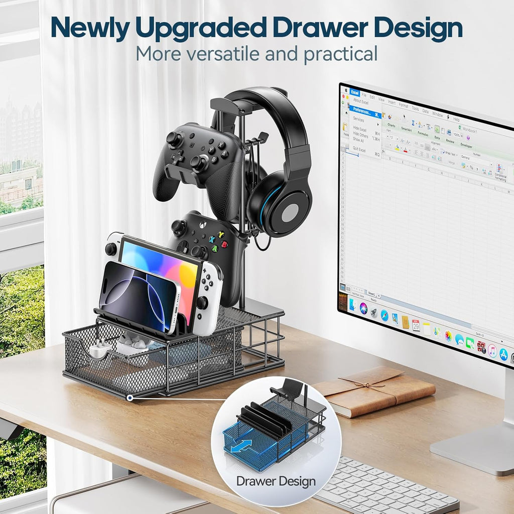 Headphone Stand with Drawer & Cable Organizer - Controller Stand Holder for Desk, Aluminum Supporting Bar Earphone Stand - Universal Headset Holder for Gaming PC Accessories Storage