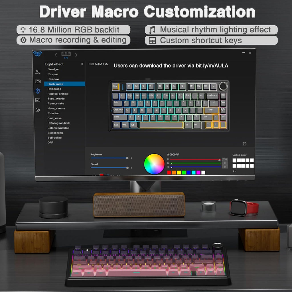 F75 75% Wireless Mechanical Keyboard,2.4Ghz/Type-C/Bt5.0 Gaming Keyboards,Advanced Structure,Side Engraved,Rgb Backlight,Hot Swappable Custom Keyboard for Pc/Mac (Black&Pink)