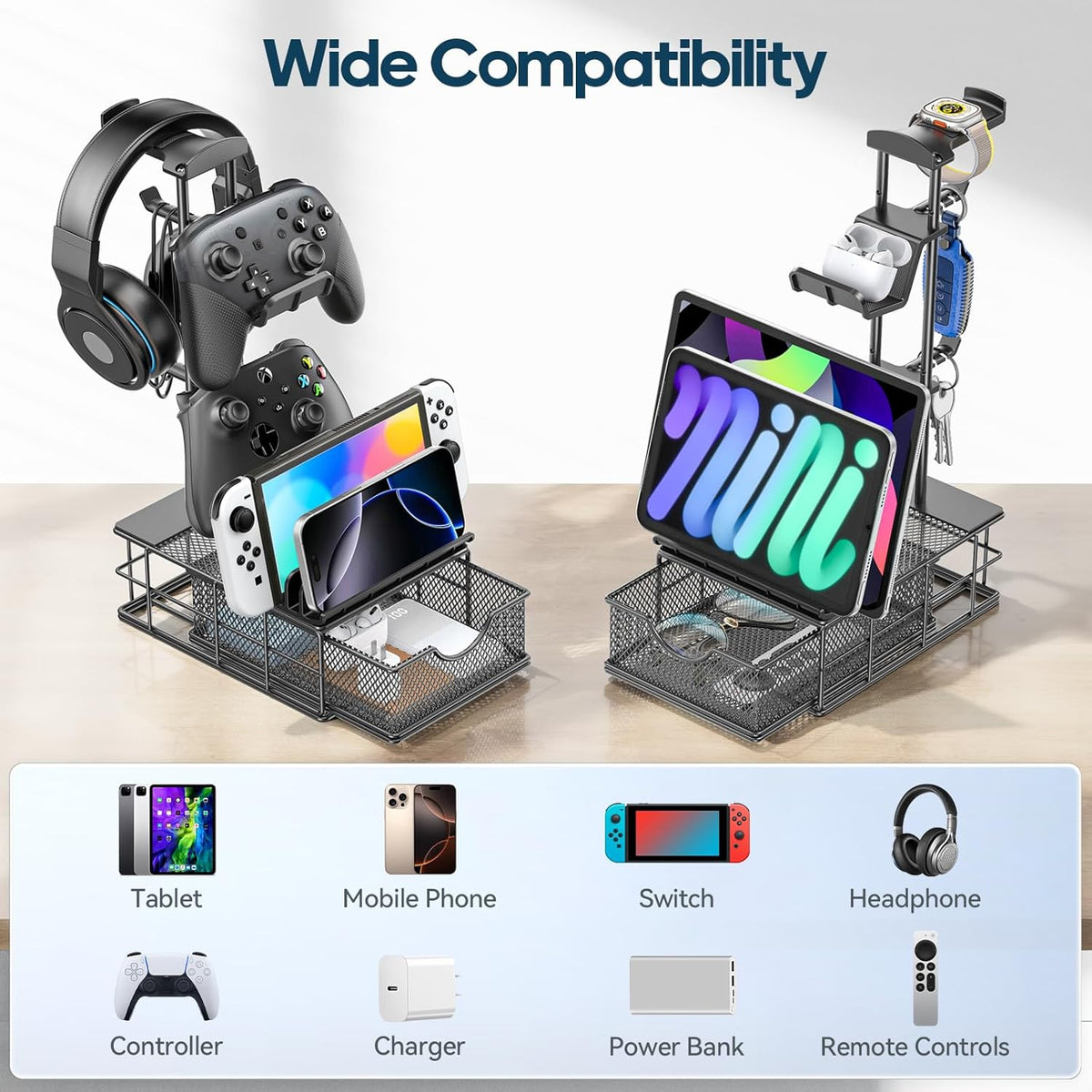 Headphone Stand with Drawer & Cable Organizer - Controller Stand Holder for Desk, Aluminum Supporting Bar Earphone Stand - Universal Headset Holder for Gaming PC Accessories Storage