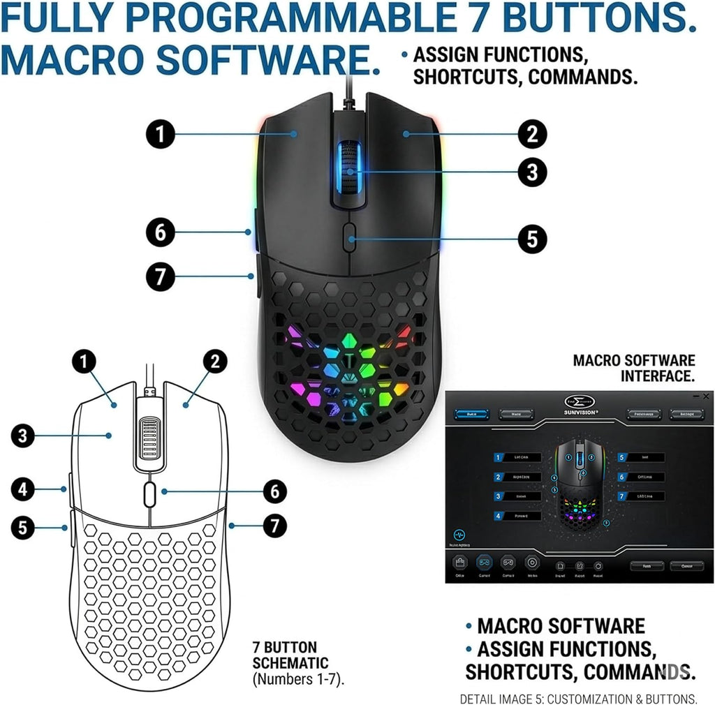 Gaming Mouse  RAIJIN II Computer Mouse 12,800 DPI 16.8 Million Colour 30G Programmable Buttons Macro Software Ergonomic Wired Mouse for PC Laptop Apple Mac Windows 11