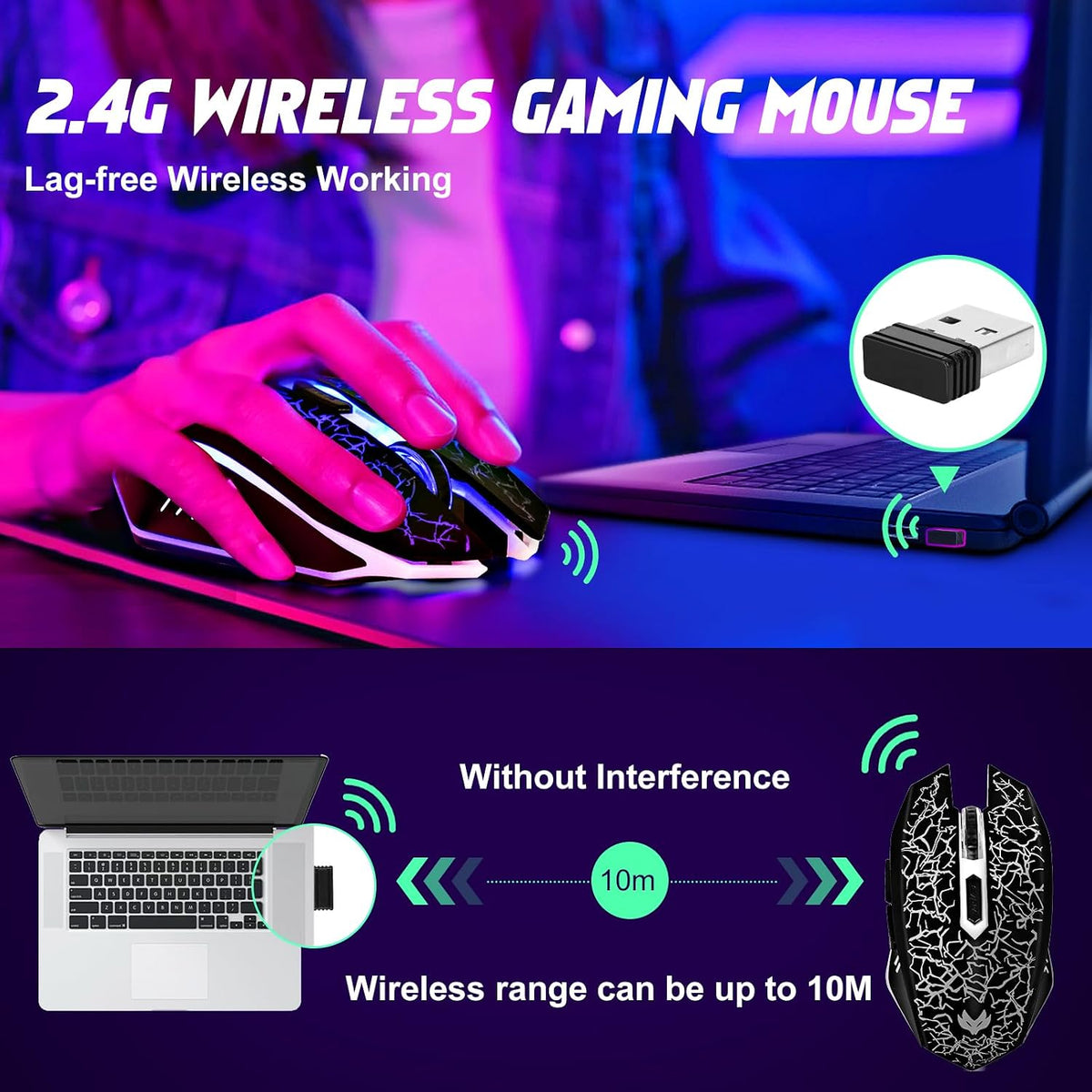 Wireless Gaming Mouse, Rechargeable Computer Mouse, 7-Color LED Light, Ergonomic Mouse with 6 Silent Click Buttons, 3 Adjustable 2400 DPI Wireless Mouse for Laptop,Pc,Mac, Black