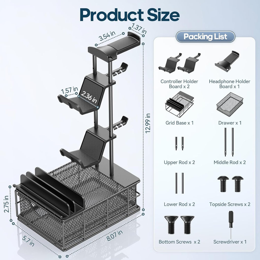 Headphone Stand with Drawer & Cable Organizer - Controller Stand Holder for Desk, Aluminum Supporting Bar Earphone Stand - Universal Headset Holder for Gaming PC Accessories Storage