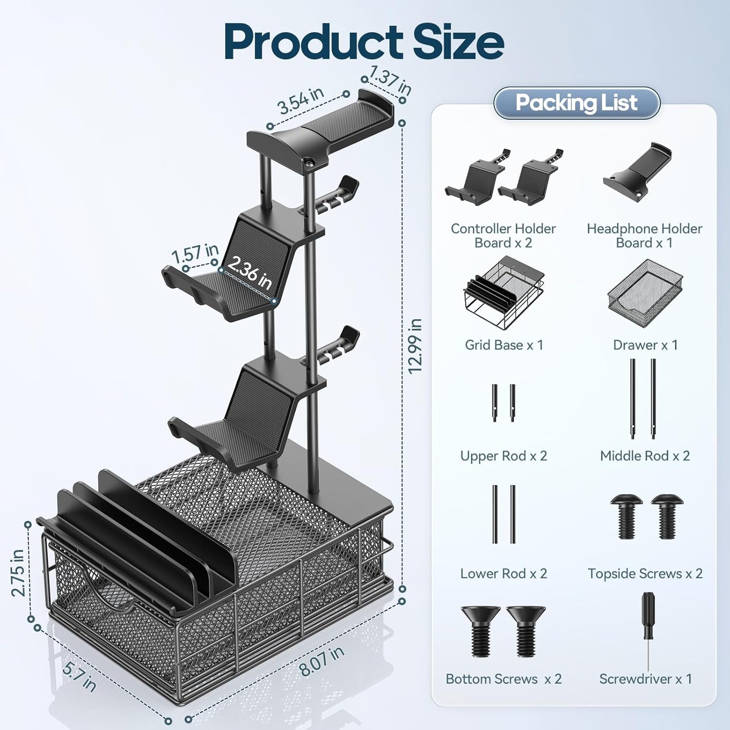 Headphone Stand with Drawer & Cable Organizer - Controller Stand Holder for Desk, Aluminum Supporting Bar Earphone Stand - Universal Headset Holder for Gaming PC Accessories Storage