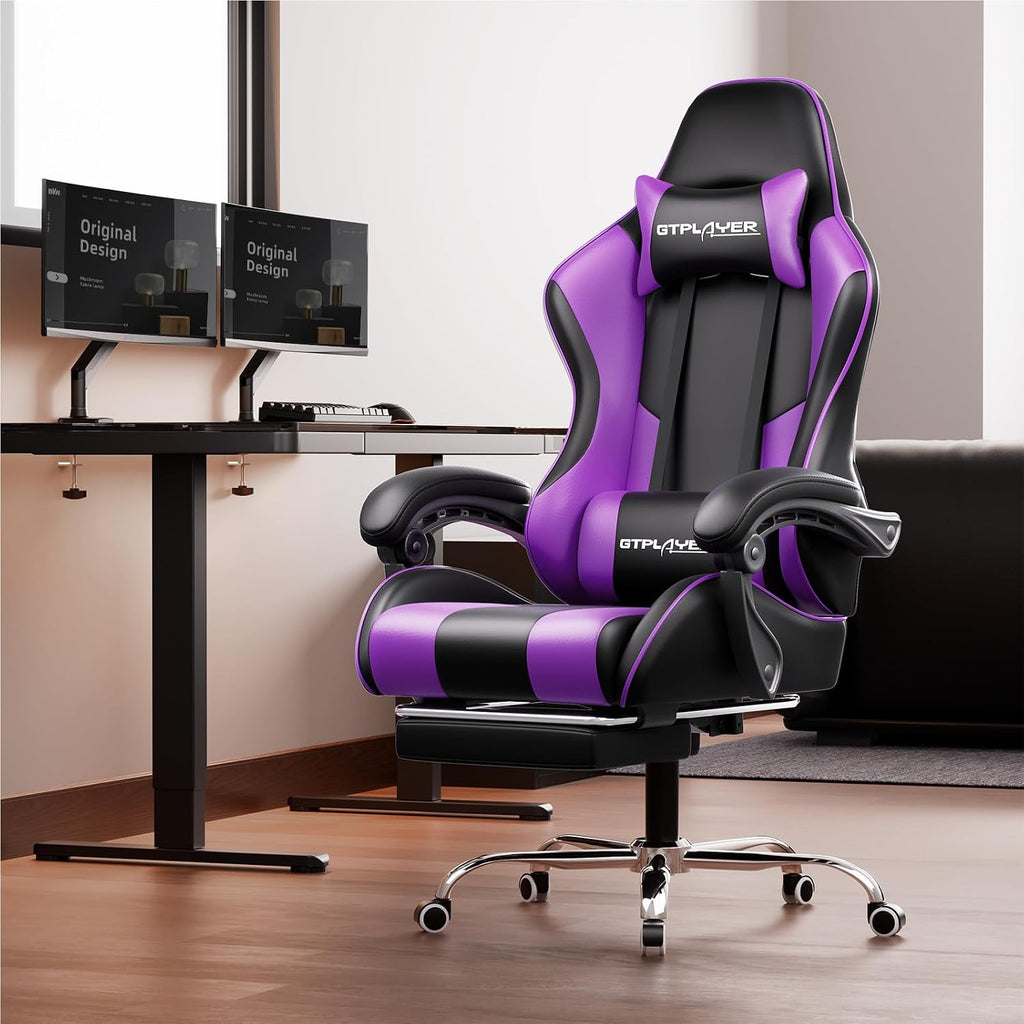 Gaming Chair, Massage Computer Chairs with Footrest, Headrest and Lumbar Support Height Adjustable Ergonomic 360°-Swivel PC Chair Purple