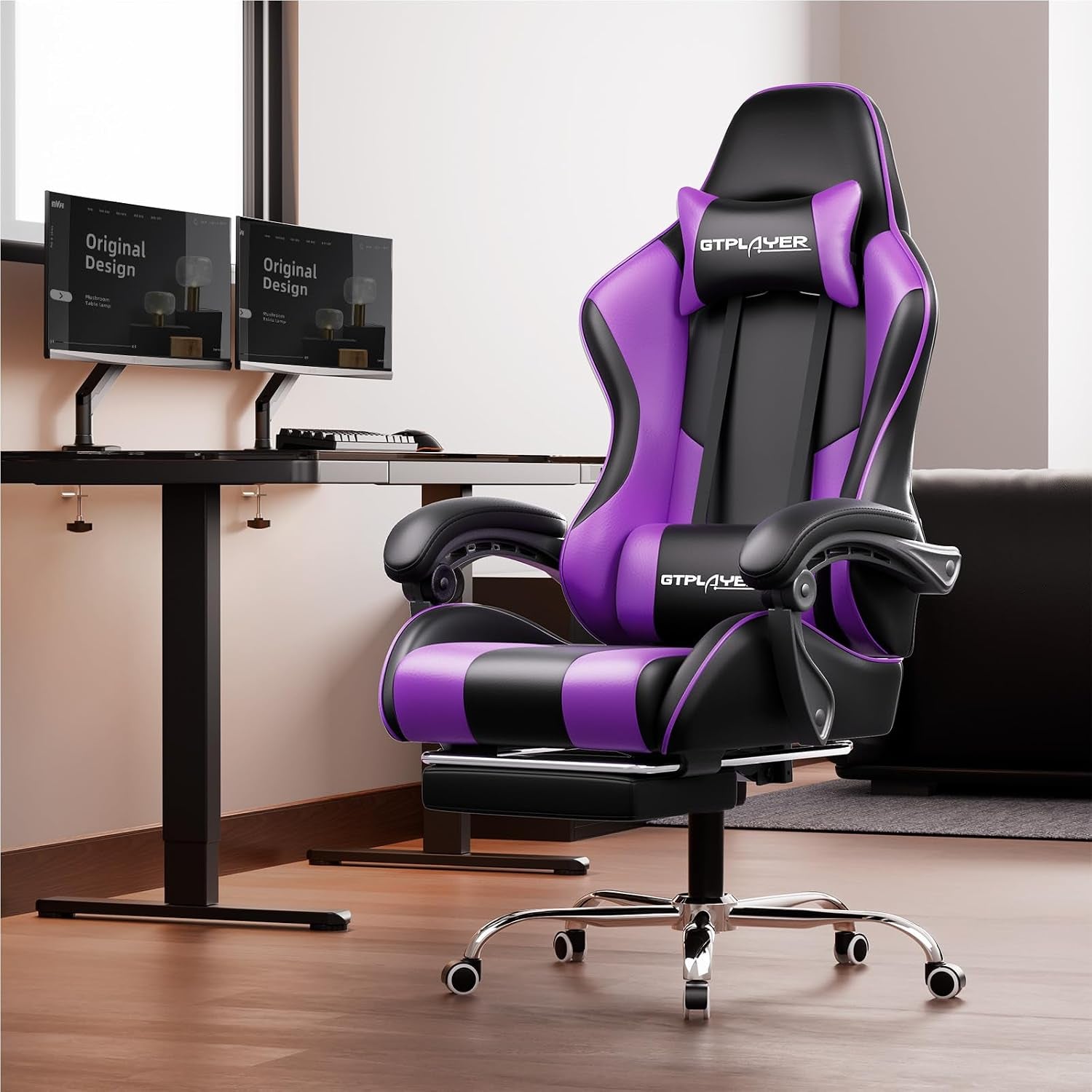 Gaming Chair, Massage Computer Chairs with Footrest, Headrest and Lumbar Support Height Adjustable Ergonomic 360°-Swivel PC Chair Purple