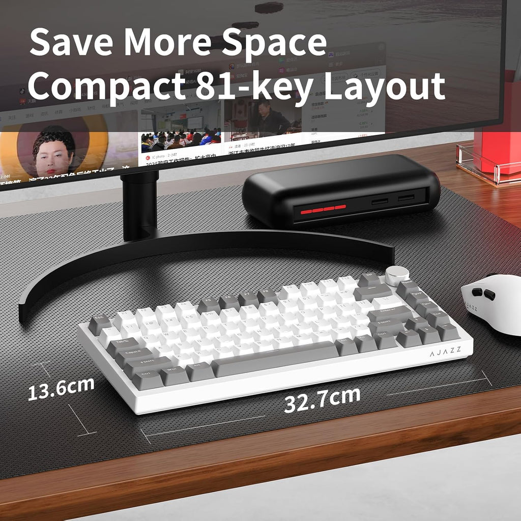 AK820 Mechanical Keyboard, 75% Hot Swappable Wired Keyboard with Volume Control Knob, QWERTY Layout, PBT Keycaps, Five-Layer Sound Insulation Pad, 82-Key Gaming Keyboard, Grey White