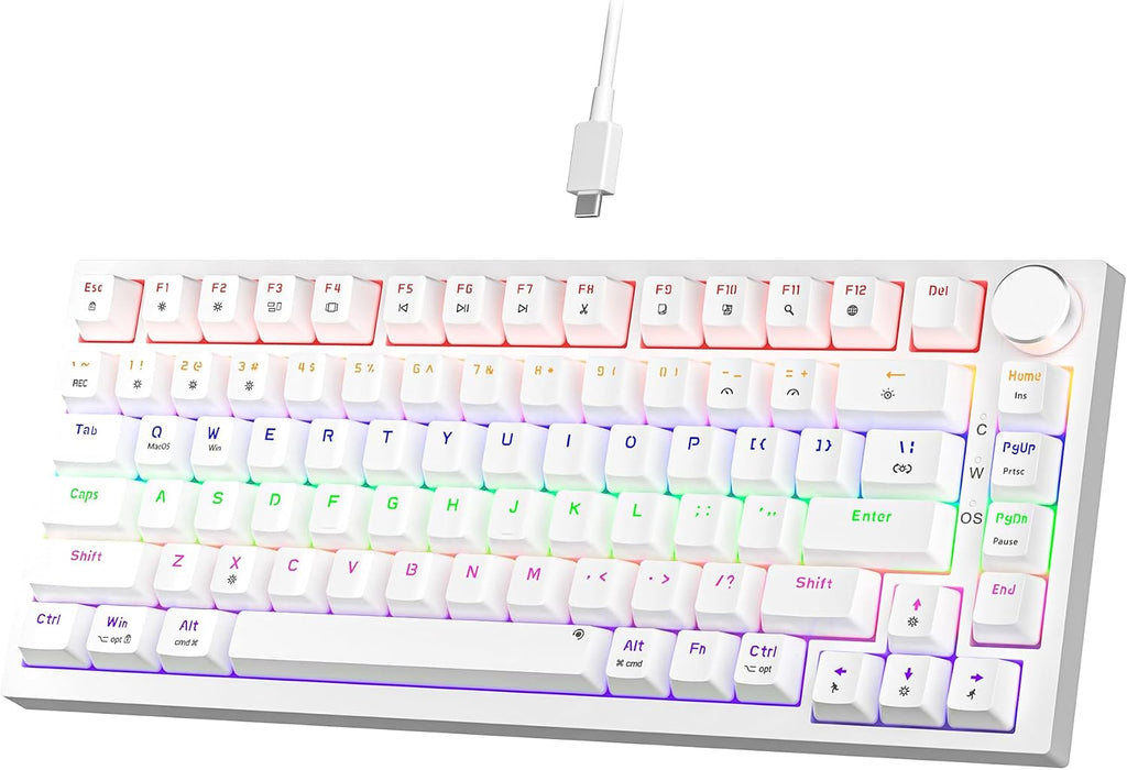 GM326 Mechanical Keyboard,Wired Gaming Keyboard,75% Percent Keyboard | Mechanical Keyboard,Wired Gaming Keyboard,75% Percent,Hot Swappable,Compact,Led Backlit,Usb C,Knob,Pc,Qwerty,White,Red Switch