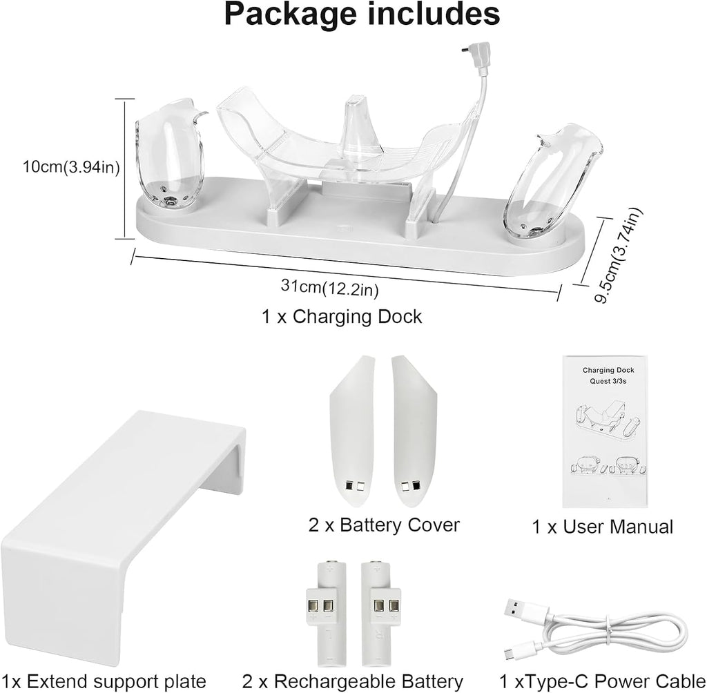 For Metaquest 3S/Quest 3 Charging Dock, VR Charger Station Stand for Metaquest 3S/3 Storage, W/Led Indicator Light and 2 Touch Controller Grips Rechargeable Batteries (White)