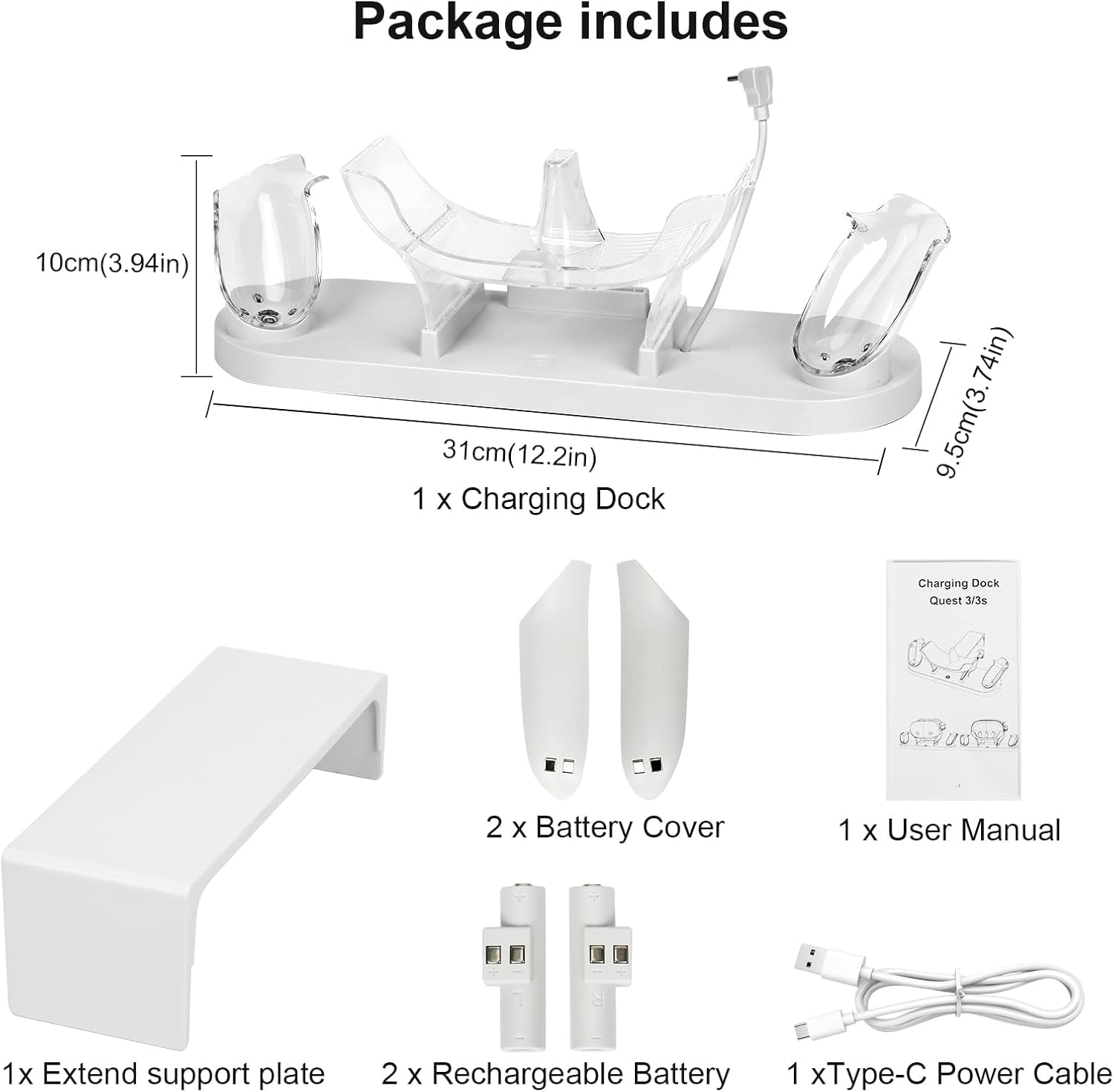 For Metaquest 3S/Quest 3 Charging Dock, VR Charger Station Stand for Metaquest 3S/3 Storage, W/Led Indicator Light and 2 Touch Controller Grips Rechargeable Batteries (White)