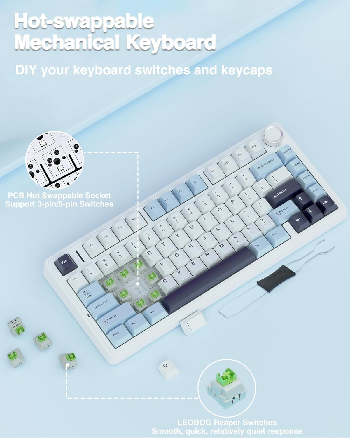 F75 75% Mechanical Gaming Keyboard,2.4Ghz/Type-C/Bt5.0 Wireless Mechanical Keyboards,Advanced Structure,Rgb Backlight,Creamy Sound,Hot Swappable Custom Keyboard(Glacial Blue)