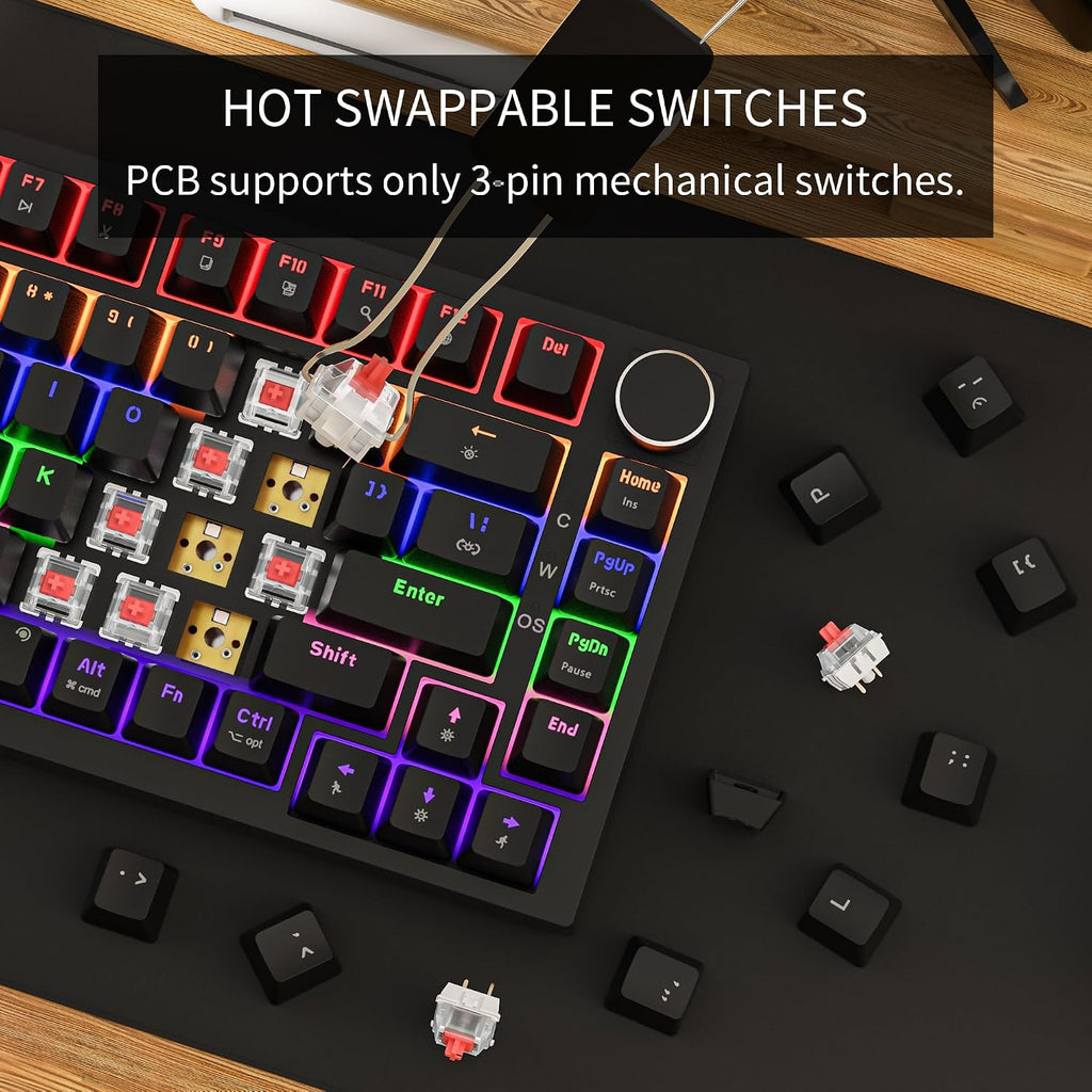 GM326 Mechanical Keyboard,Wired Gaming Keyboard,75% Percent Keyboard | Mechanical Keyboard,Wired Gaming Keyboard,75% Percent,Hot Swappable,Compact,Led Backlit,Usb C,Knob,Pc,Qwerty,Black,Red Switch