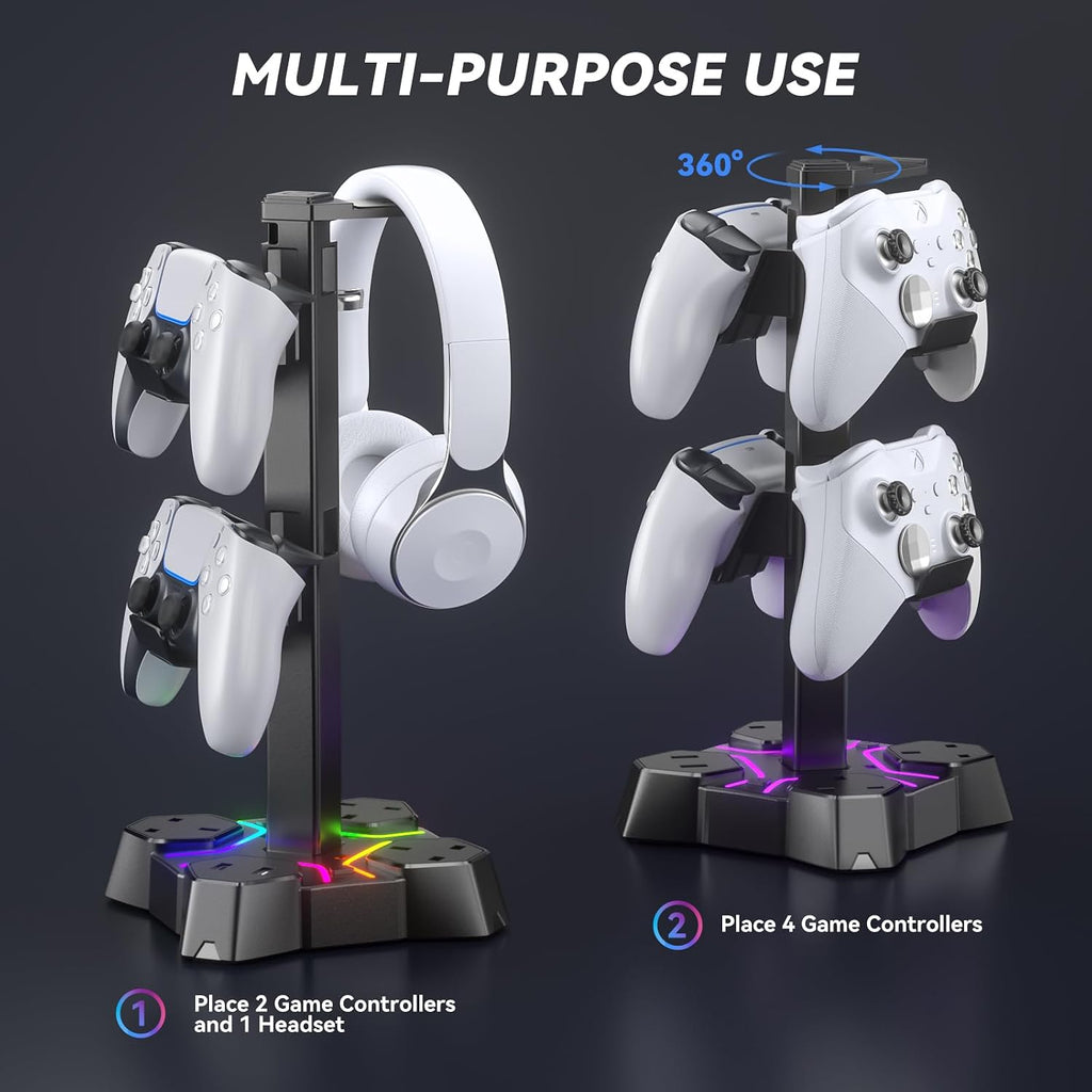 RGB Headphone Stand with USB Charger, Controller Stand for Desk, Headset Stand Holder with 2 USB Charging Ports and 3 AC Outlets Extension Lead Socket,Gaming Headset Desk Accessories