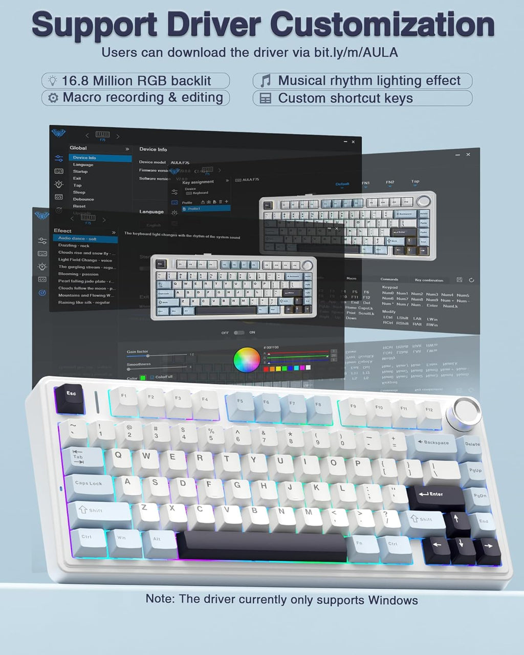 F75 75% Mechanical Gaming Keyboard,2.4Ghz/Type-C/Bt5.0 Wireless Mechanical Keyboards,Advanced Structure,Rgb Backlight,Creamy Sound,Hot Swappable Custom Keyboard(Glacial Blue)