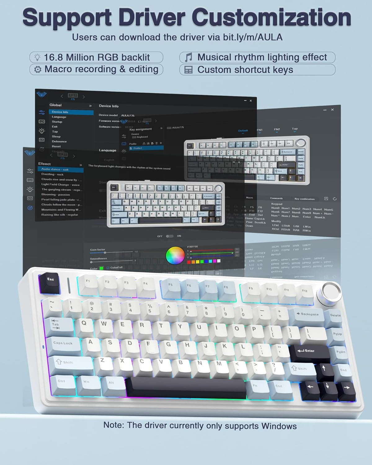 F75 75% Mechanical Gaming Keyboard,2.4Ghz/Type-C/Bt5.0 Wireless Mechanical Keyboards,Advanced Structure,Rgb Backlight,Creamy Sound,Hot Swappable Custom Keyboard(Glacial Blue)