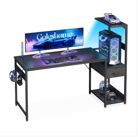 138×48 Cm Gaming Desk with LED Lights, Carbon Fiber Black