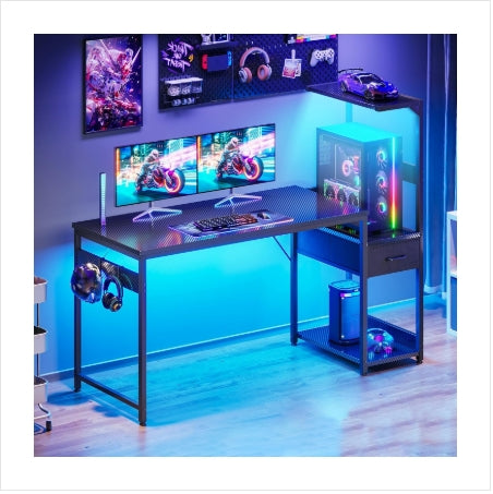 138×48 Cm Gaming Desk with LED Lights, Carbon Fiber Black