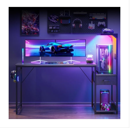 138×48 Cm Gaming Desk with LED Lights, Carbon Fiber Black