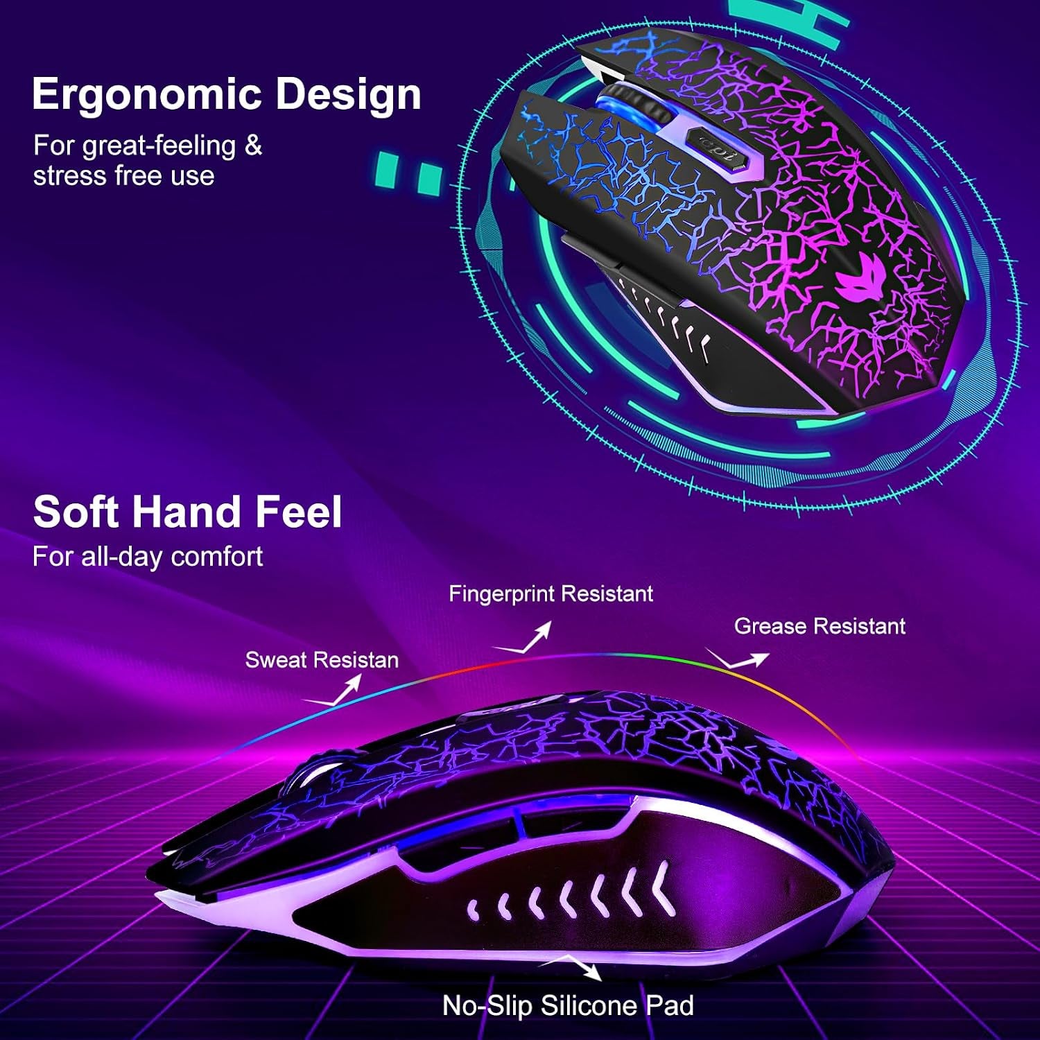 Wireless Gaming Mouse, Rechargeable Computer Mouse, 7-Color LED Light, Ergonomic Mouse with 6 Silent Click Buttons, 3 Adjustable 2400 DPI Wireless Mouse for Laptop,Pc,Mac, Black