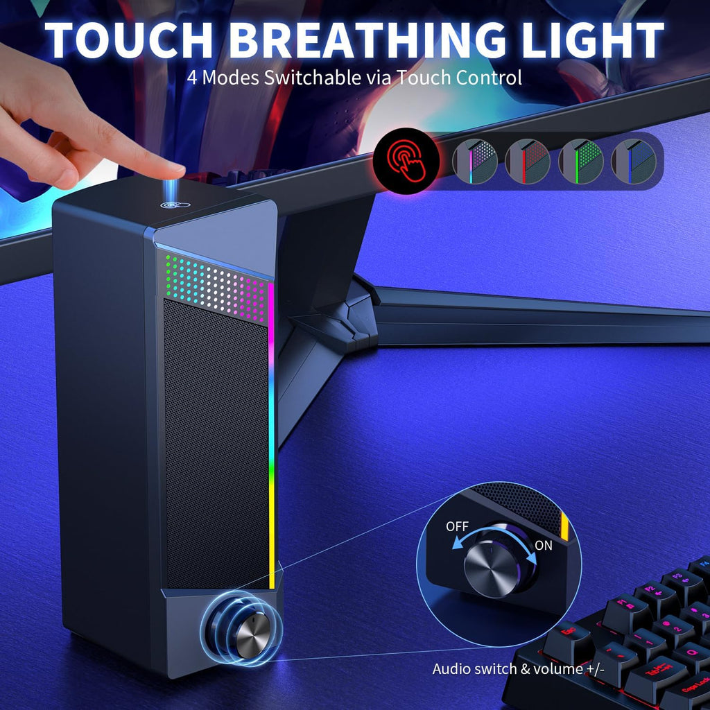 Computer Speakers,2 in 1 PC Speaker,Gaming Speakers for Laptop Desktop Monitor,Touch Sensitive Lighting,10 Watts Peak Power,Usb Powered 3.5Mm Aux(Package Only Two Speaker,No Soundbar)