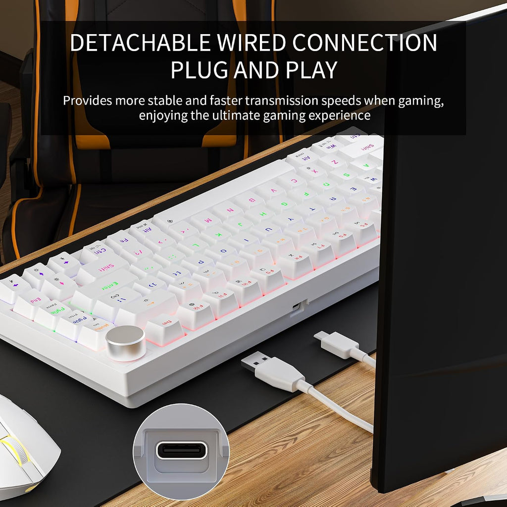 GM326 Mechanical Keyboard,Wired Gaming Keyboard,75% Percent Keyboard | Mechanical Keyboard,Wired Gaming Keyboard,75% Percent,Hot Swappable,Compact,Led Backlit,Usb C,Knob,Pc,Qwerty,White,Red Switch