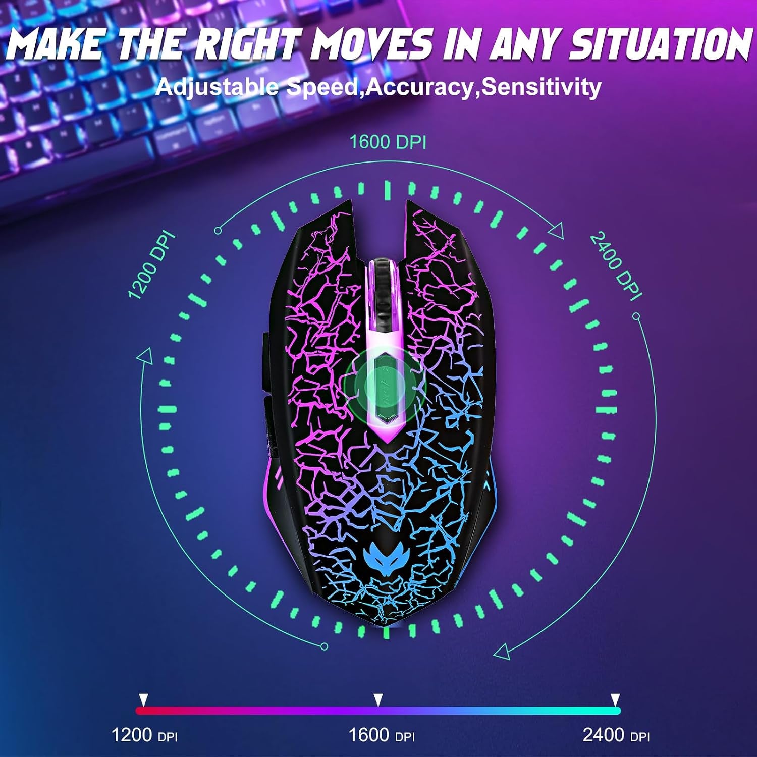 Wireless Gaming Mouse, Rechargeable Computer Mouse, 7-Color LED Light, Ergonomic Mouse with 6 Silent Click Buttons, 3 Adjustable 2400 DPI Wireless Mouse for Laptop,Pc,Mac, Black