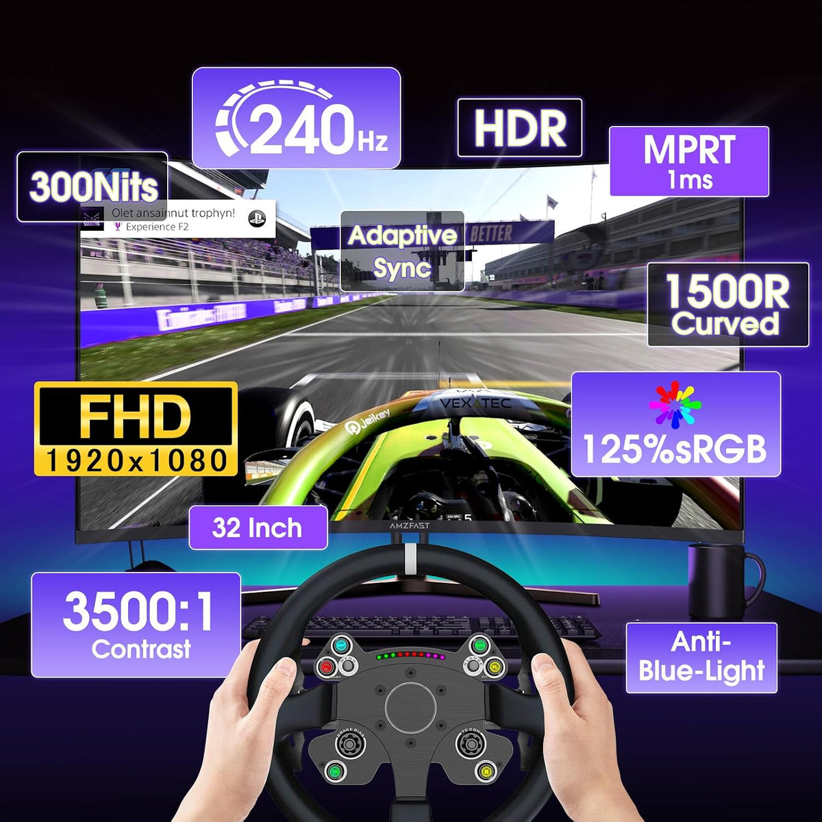 32 Inch Curved Gaming Monitor - 240Hz, Full HD 1920X1080P, 1Ms MPRT, Adaptive-Sync, 3500:1 Contrast, DCI-P3 90%, Srgb 125%, HDR, VA 1500R, VESA 100X100Mm, HDMI2.0&DP1.4 - AMZG32C1F