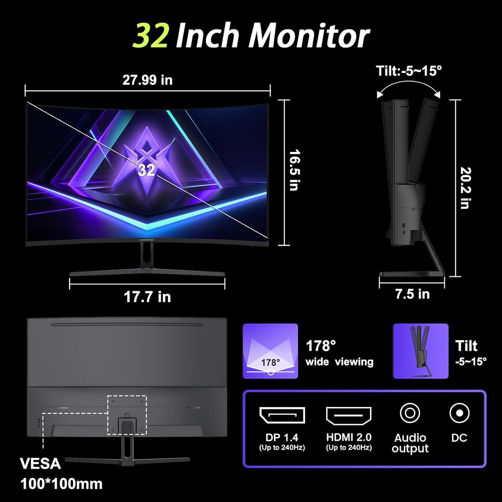 32 Inch Curved Gaming Monitor - 240Hz, Full HD 1920X1080P, 1Ms MPRT, Adaptive-Sync, 3500:1 Contrast, DCI-P3 90%, Srgb 125%, HDR, VA 1500R, VESA 100X100Mm, HDMI2.0&DP1.4 - AMZG32C1F