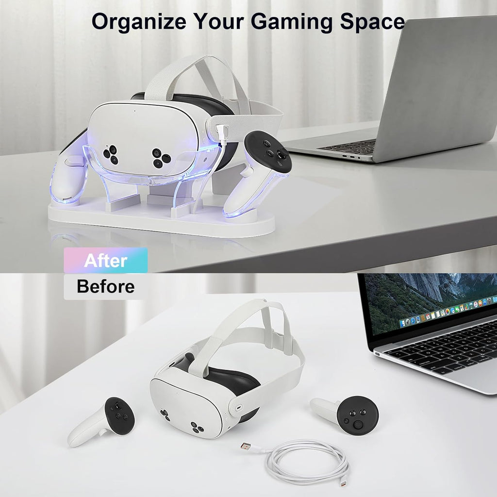 For Metaquest 3S/Quest 3 Charging Dock, VR Charger Station Stand for Metaquest 3S/3 Storage, W/Led Indicator Light and 2 Touch Controller Grips Rechargeable Batteries (White)