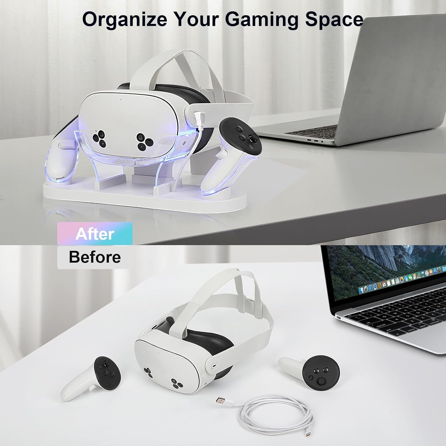 For Metaquest 3S/Quest 3 Charging Dock, VR Charger Station Stand for Metaquest 3S/3 Storage, W/Led Indicator Light and 2 Touch Controller Grips Rechargeable Batteries (White)