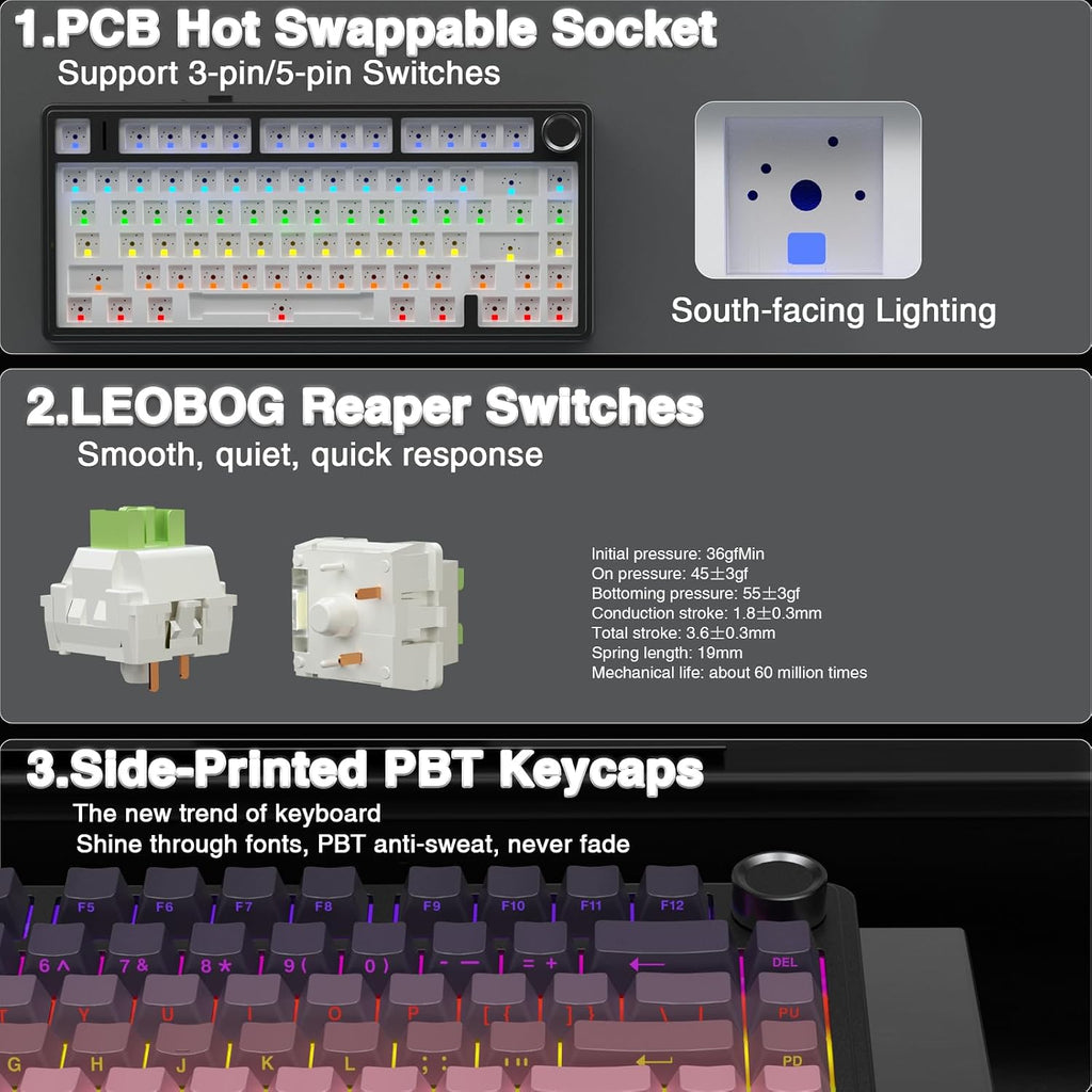F75 75% Wireless Mechanical Keyboard,2.4Ghz/Type-C/Bt5.0 Gaming Keyboards,Advanced Structure,Side Engraved,Rgb Backlight,Hot Swappable Custom Keyboard for Pc/Mac (Black&Pink)