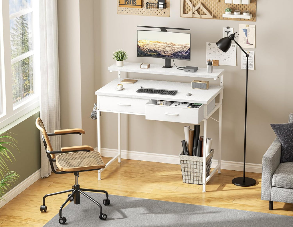 Gaming Desk with Adjustable Monitor Stand, 2 Storage Drawers, White 80×48Cm