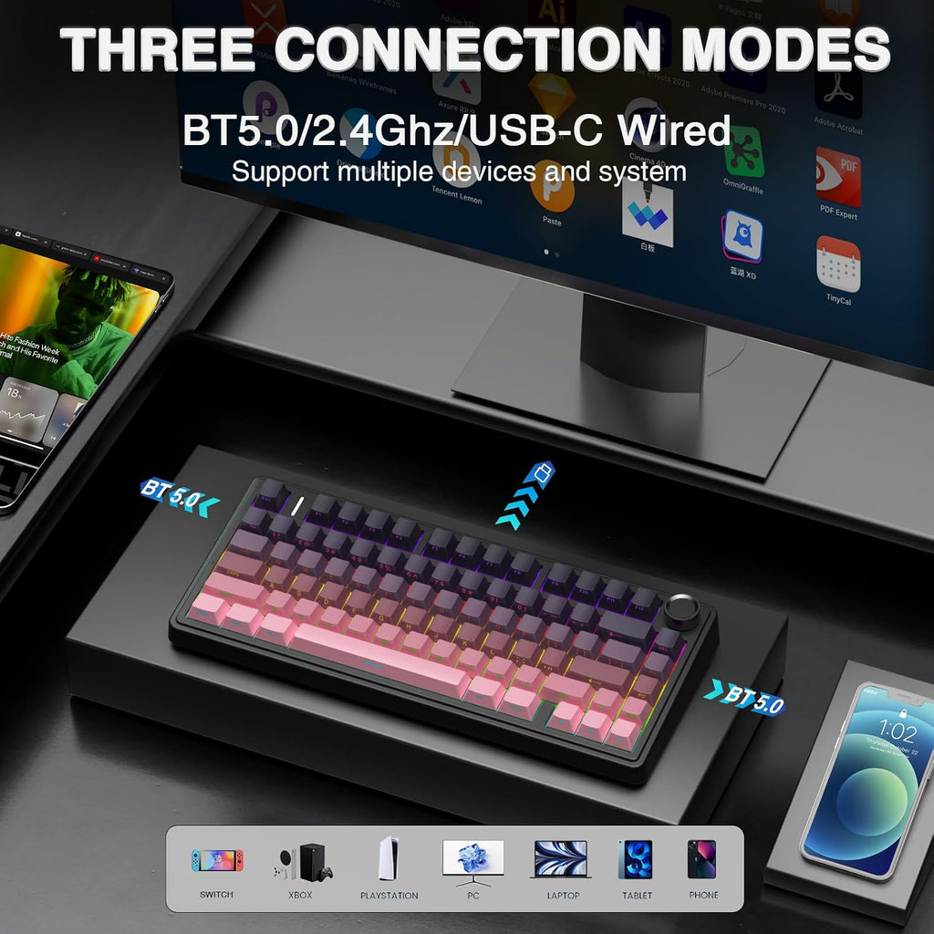 F75 75% Wireless Mechanical Keyboard,2.4Ghz/Type-C/Bt5.0 Gaming Keyboards,Advanced Structure,Side Engraved,Rgb Backlight,Hot Swappable Custom Keyboard for Pc/Mac (Black&Pink)