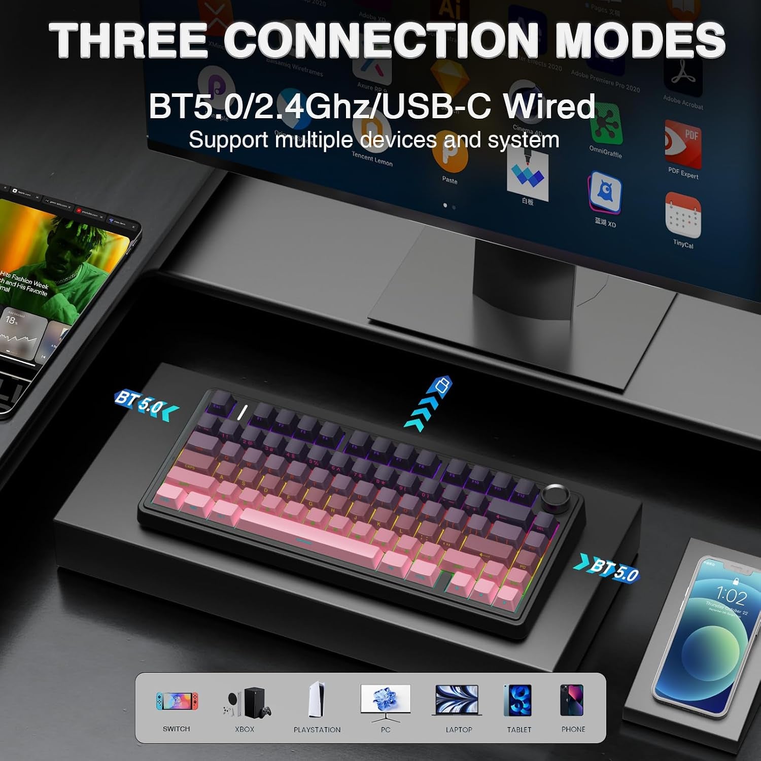 F75 75% Wireless Mechanical Keyboard,2.4Ghz/Type-C/Bt5.0 Gaming Keyboards,Advanced Structure,Side Engraved,Rgb Backlight,Hot Swappable Custom Keyboard for Pc/Mac (Black&Pink)