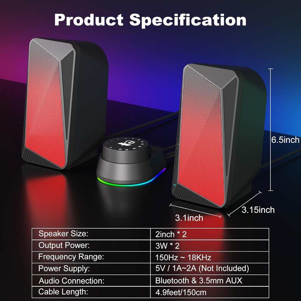 C30 Bluetooth PC Speakers for Desktop, Monitor, Laptop, Gaming | 3.5Mm Aux Input, USB Powered, Stereo 2.0, Bluetooth 5.1, Colourful LED Lighting, 1 Pair, Black