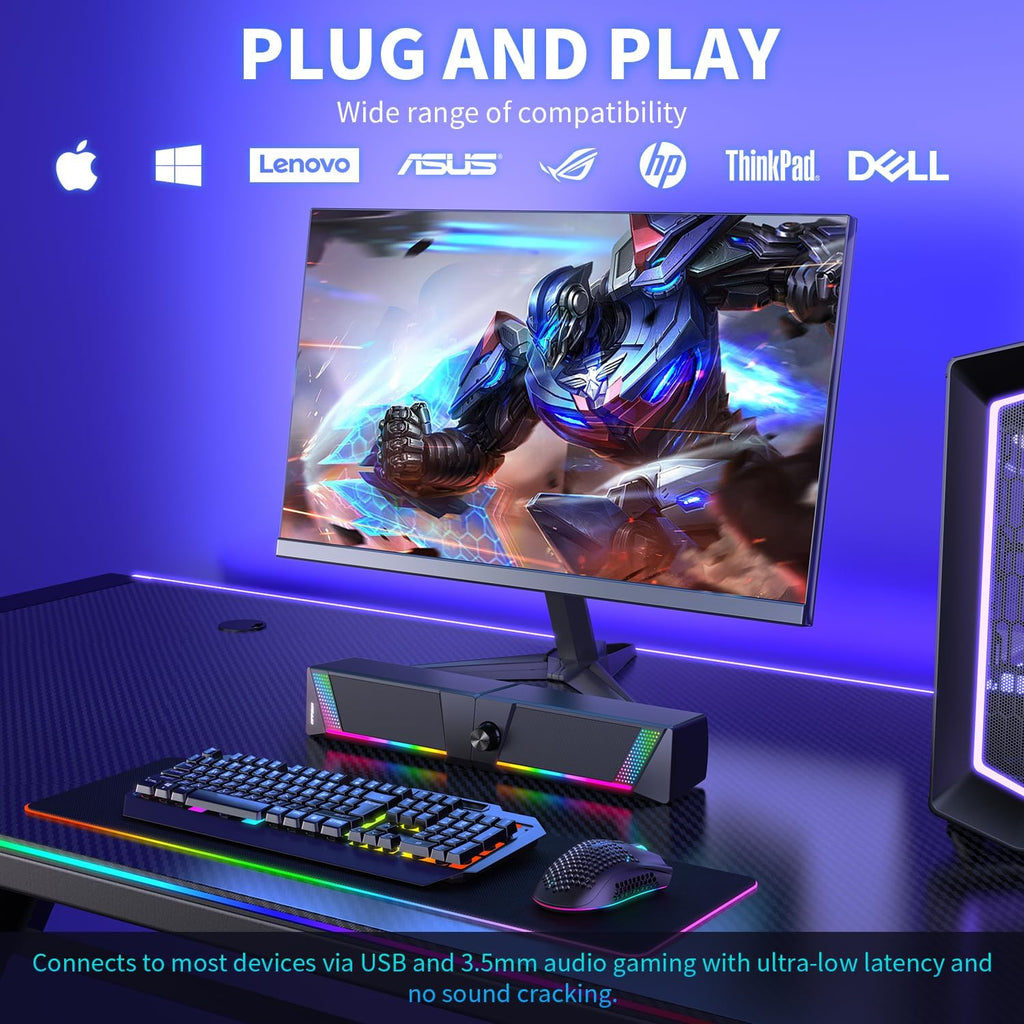 Computer Speakers,2 in 1 PC Speaker,Gaming Speakers for Laptop Desktop Monitor,Touch Sensitive Lighting,10 Watts Peak Power,Usb Powered 3.5Mm Aux(Package Only Two Speaker,No Soundbar)