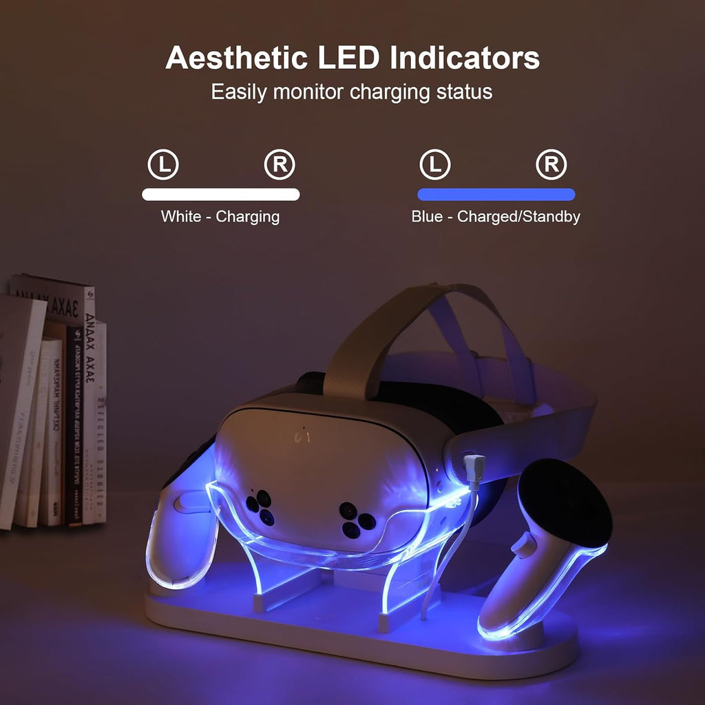 For Metaquest 3S/Quest 3 Charging Dock, VR Charger Station Stand for Metaquest 3S/3 Storage, W/Led Indicator Light and 2 Touch Controller Grips Rechargeable Batteries (White)