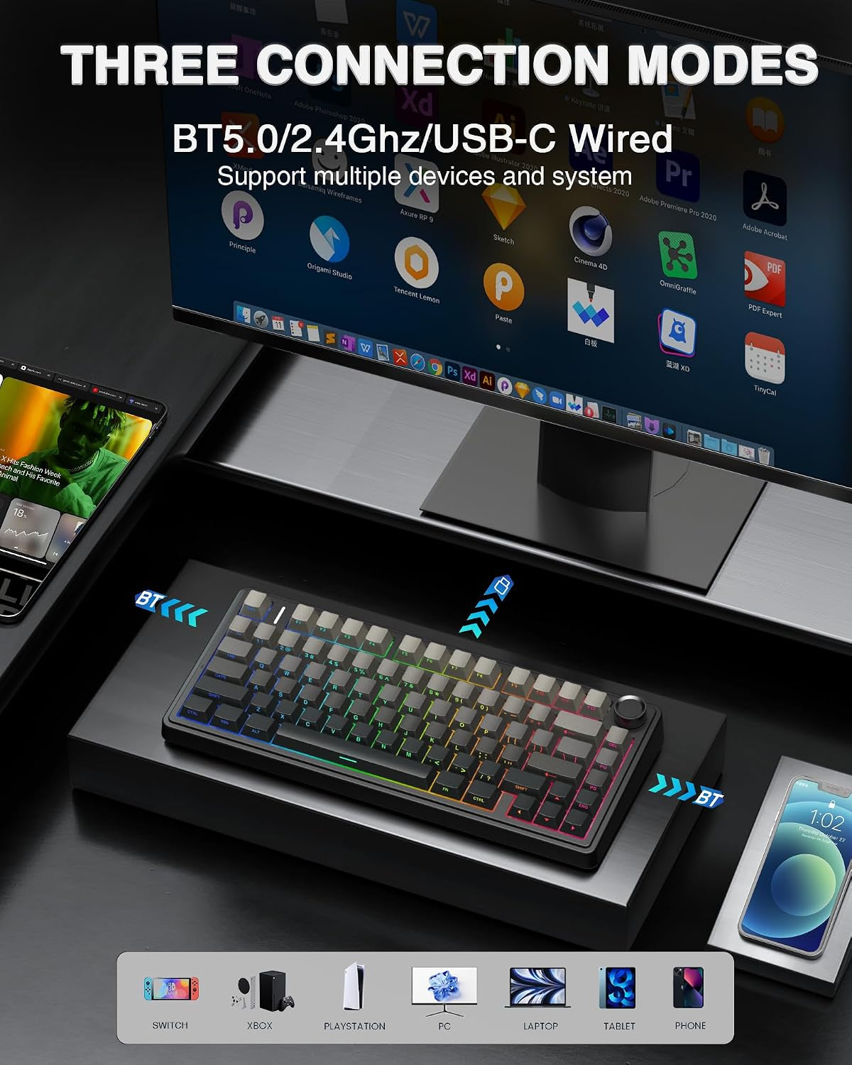 F75 75% Wireless Mechanical Keyboard,2.4Ghz/Type-C/Bt5.0 Gaming Keyboards,Advanced Structure,Side Engraved,Rgb Backlight,Hot Swappable Custom Keyboard for Pc/Mac (Black)