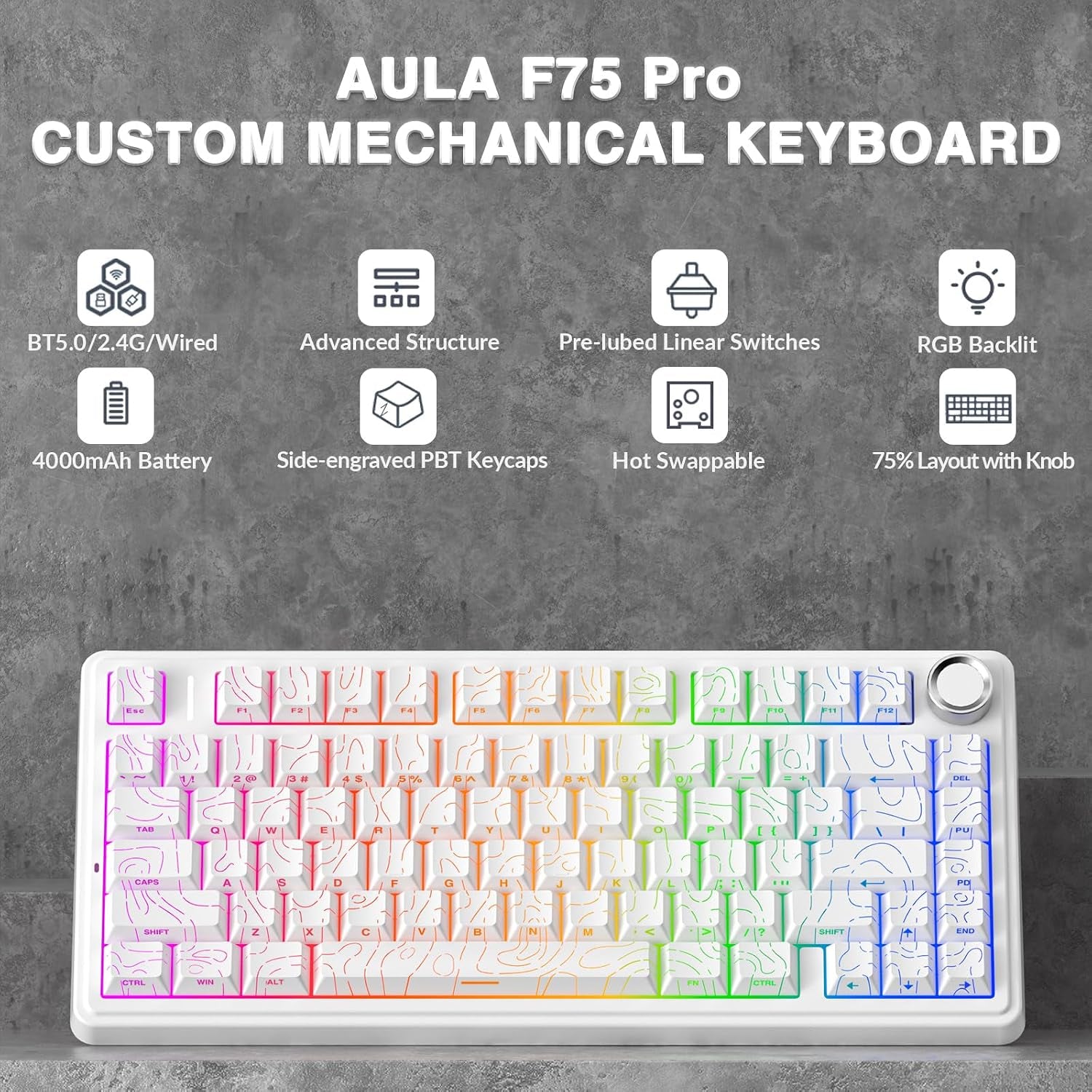 F75 75% Wireless Mechanical Keyboard,2.4Ghz/Type-C/Bt5.0 Gaming Keyboards,Advanced Structure,Side Engraved,Rgb Backlight,Hot Swappable Custom Keyboard for Pc/Mac (White)