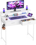 Gaming Desk with Adjustable Monitor Stand, 2 Storage Drawers, White 80×48Cm