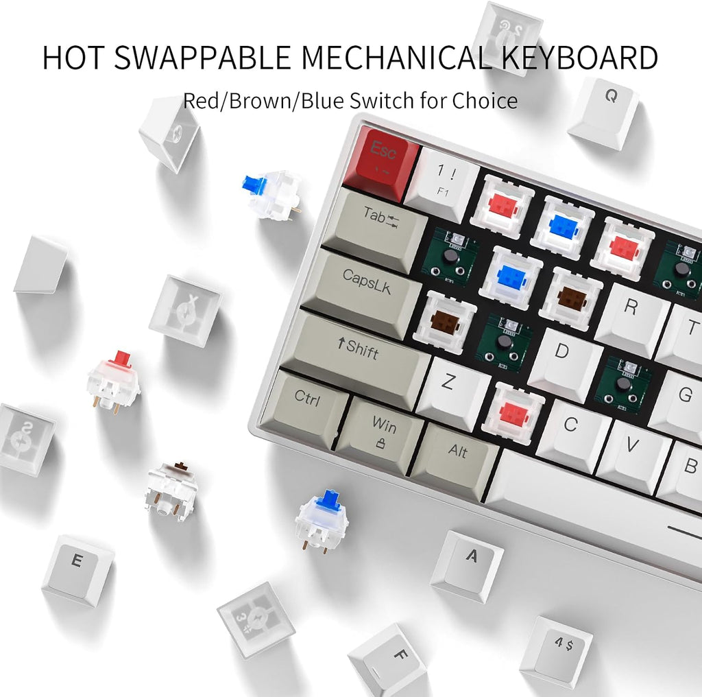 GM610 Wireless Mechanical Keyboard,60% Gaming Keyboard Red Switch | Gaming Mechanical Keyboards,60%,Usb-C,Wired/Bluetooth/2.4Ghz,Rgb Backlit,Compact,Hot Swappable,Anti-Ghosting,Pc Mac Windows