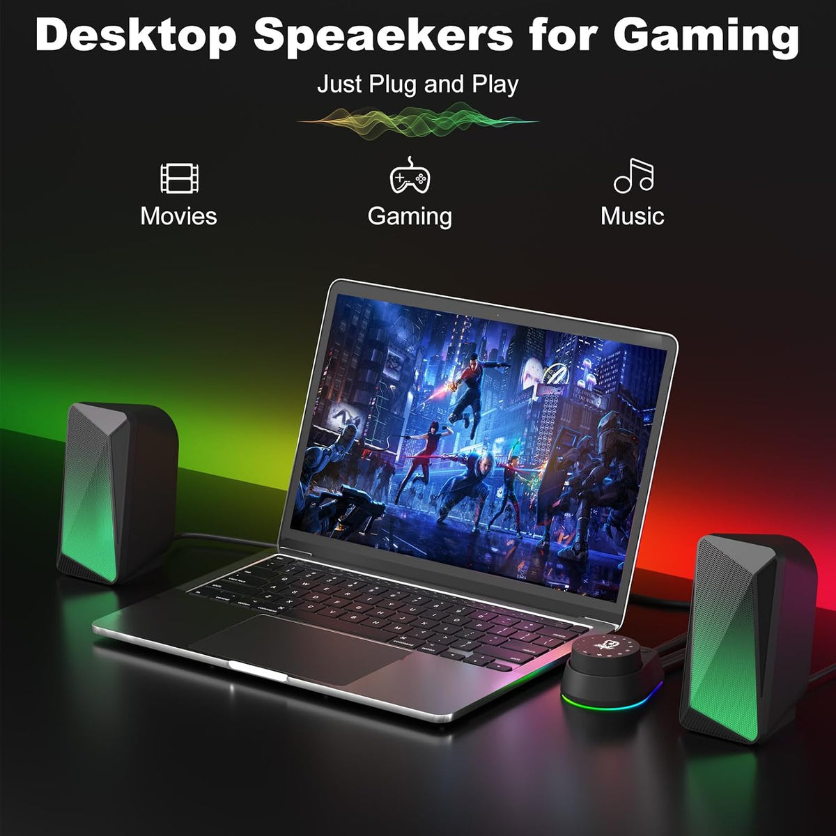 C30 Bluetooth PC Speakers for Desktop, Monitor, Laptop, Gaming | 3.5Mm Aux Input, USB Powered, Stereo 2.0, Bluetooth 5.1, Colourful LED Lighting, 1 Pair, Black
