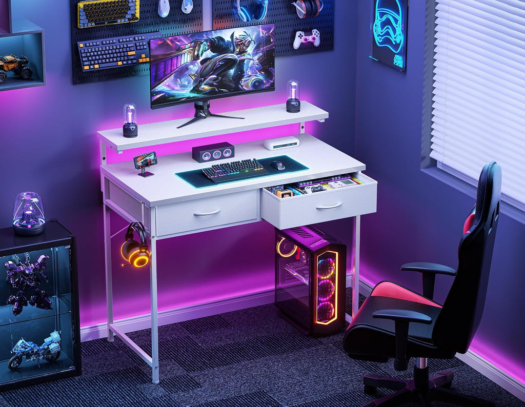 Gaming Desk with Adjustable Monitor Stand, 2 Storage Drawers, White 80×48Cm