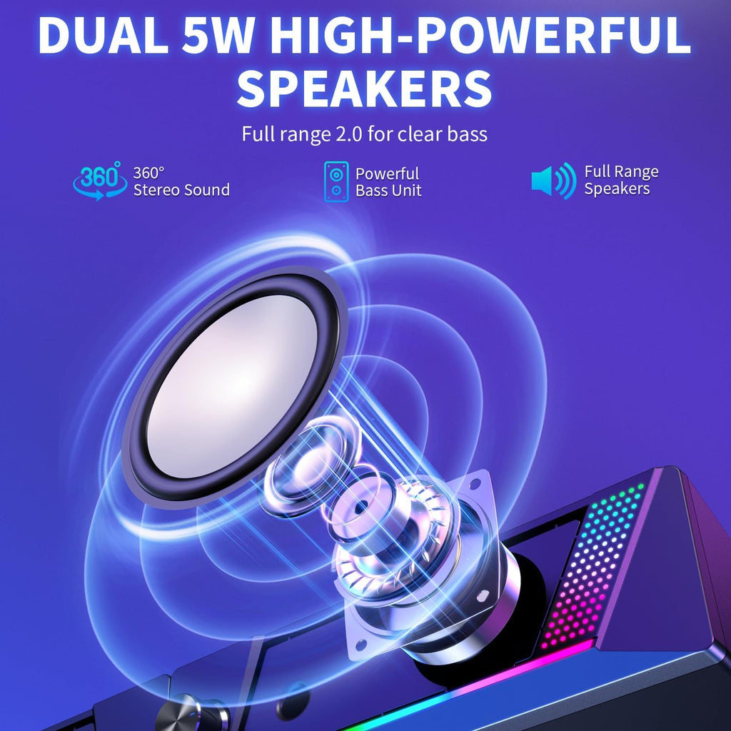 Computer Speakers,2 in 1 PC Speaker,Gaming Speakers for Laptop Desktop Monitor,Touch Sensitive Lighting,10 Watts Peak Power,Usb Powered 3.5Mm Aux(Package Only Two Speaker,No Soundbar)