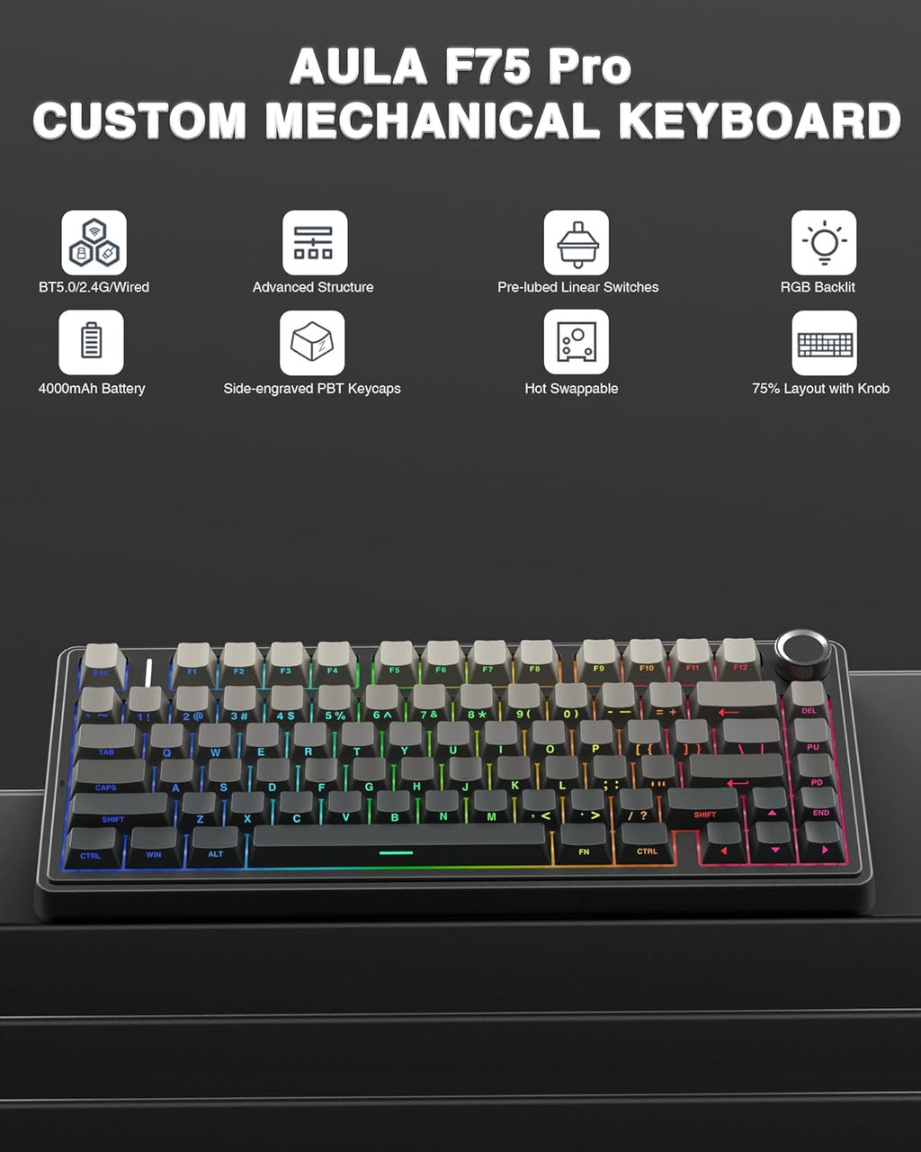 F75 75% Wireless Mechanical Keyboard,2.4Ghz/Type-C/Bt5.0 Gaming Keyboards,Advanced Structure,Side Engraved,Rgb Backlight,Hot Swappable Custom Keyboard for Pc/Mac (Black)