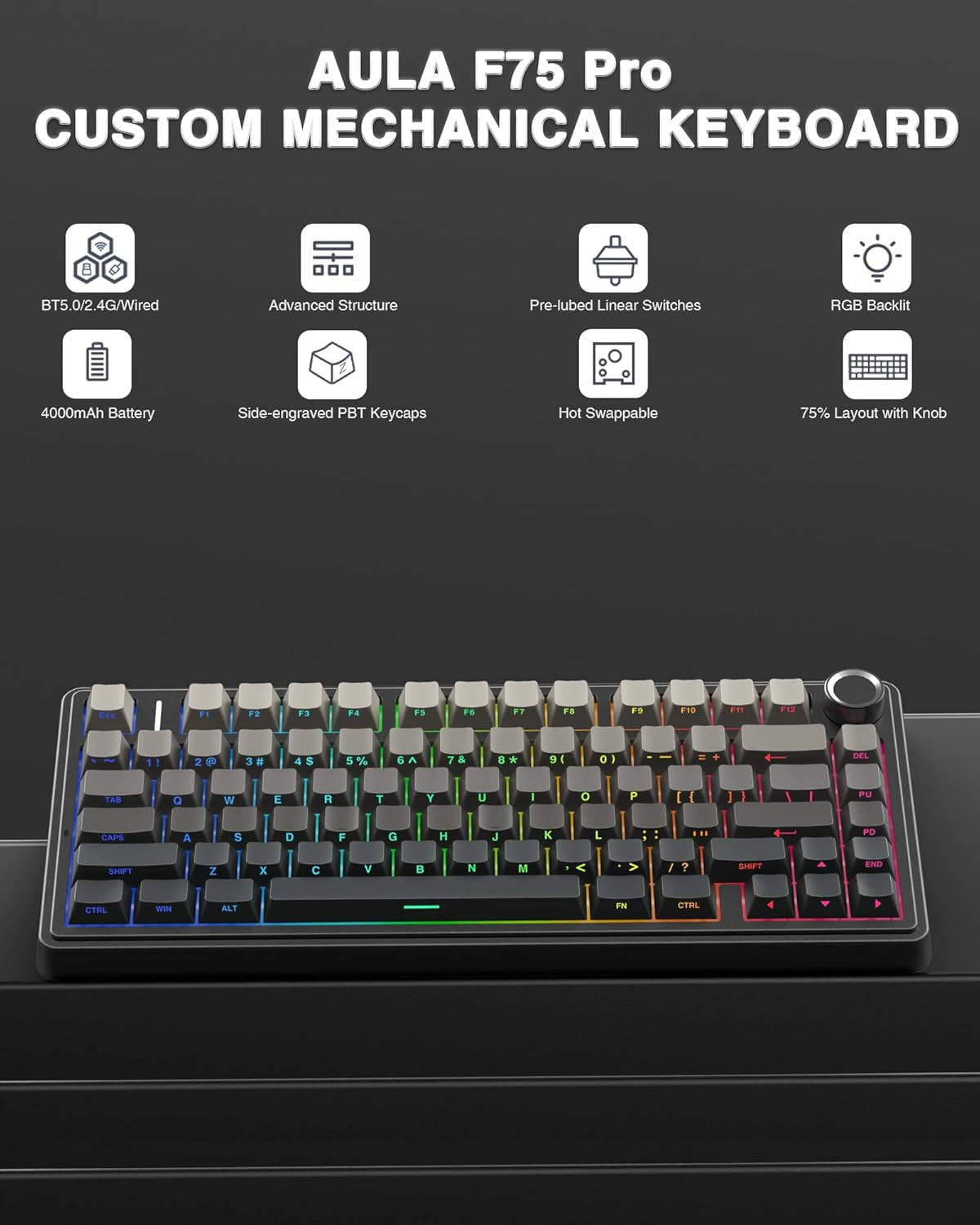 F75 75% Wireless Mechanical Keyboard,2.4Ghz/Type-C/Bt5.0 Gaming Keyboards,Advanced Structure,Side Engraved,Rgb Backlight,Hot Swappable Custom Keyboard for Pc/Mac (Black)